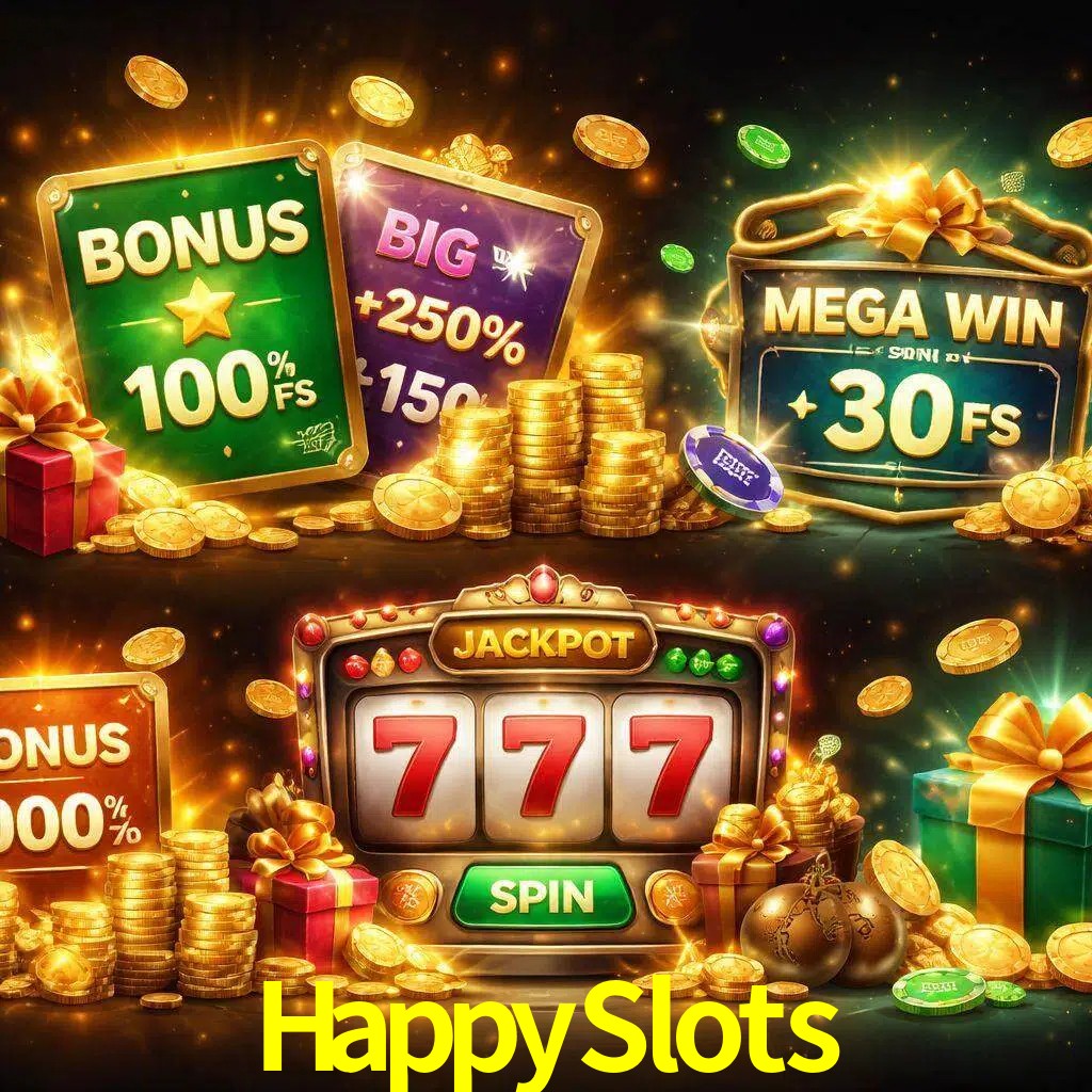 Tipos de bonos HappySlots incluyendo recompensas de bienvenida y promociones continuas