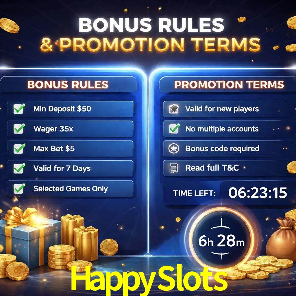 Reglas de promoción HappySlots y condiciones de bonos explicadas visualmente
