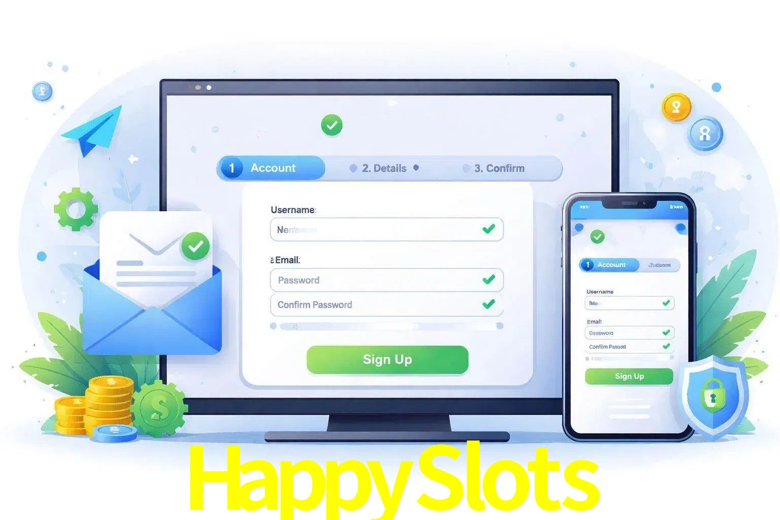 Registro de nuevo usuario y configuración de cuenta HappySlots