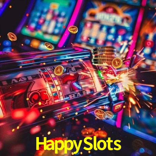 Escena dinámica inspirada en casino con iluminación HappySlots, cartas, fichas e íconos de juegos digitales en un espacio moderno de juegos.