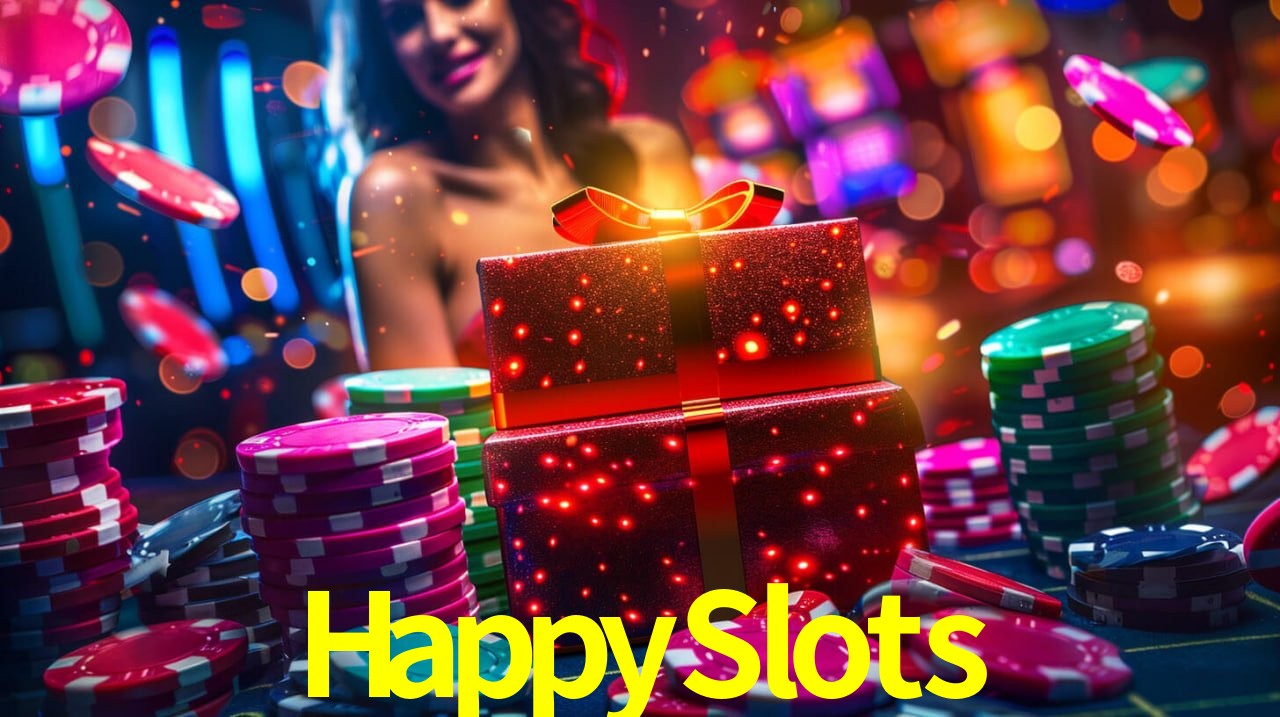Una escena digital vívida inspirada en casino con HappySlots mostrado prominentemente, luces brillantes, fichas, cartas y acentos dorados.