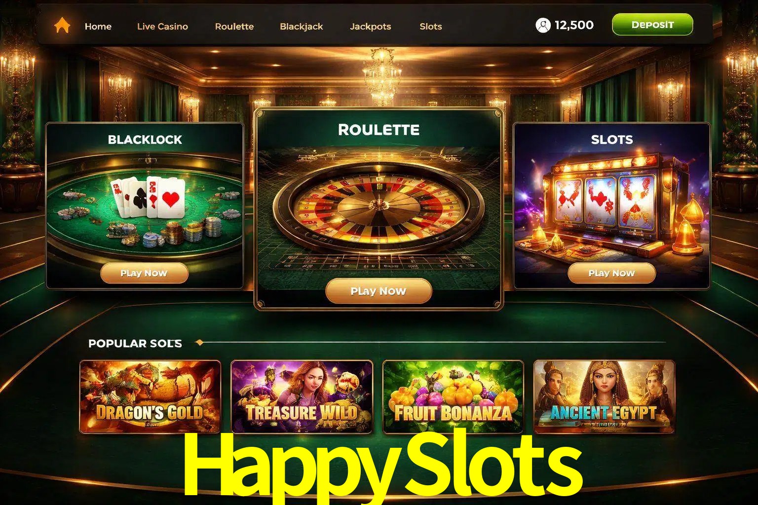 Vista de la plataforma HappySlots Casino mostrando categorías organizadas de juegos en línea