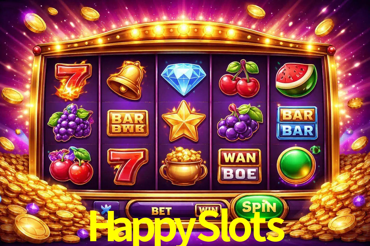 Una interfaz colorida de tragamonedas en línea con símbolos brillantes, monedas y un efecto de victoria celebratoria en HappySlots.