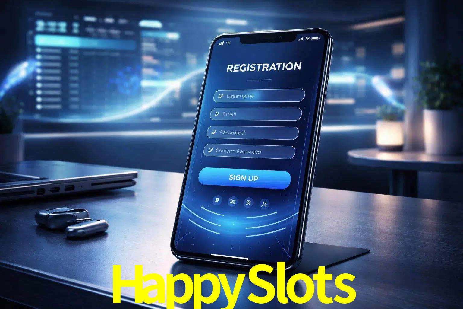 Una interfaz moderna de registro móvil para HappySlots mostrada en un smartphone con un panel de apuestas elegante.